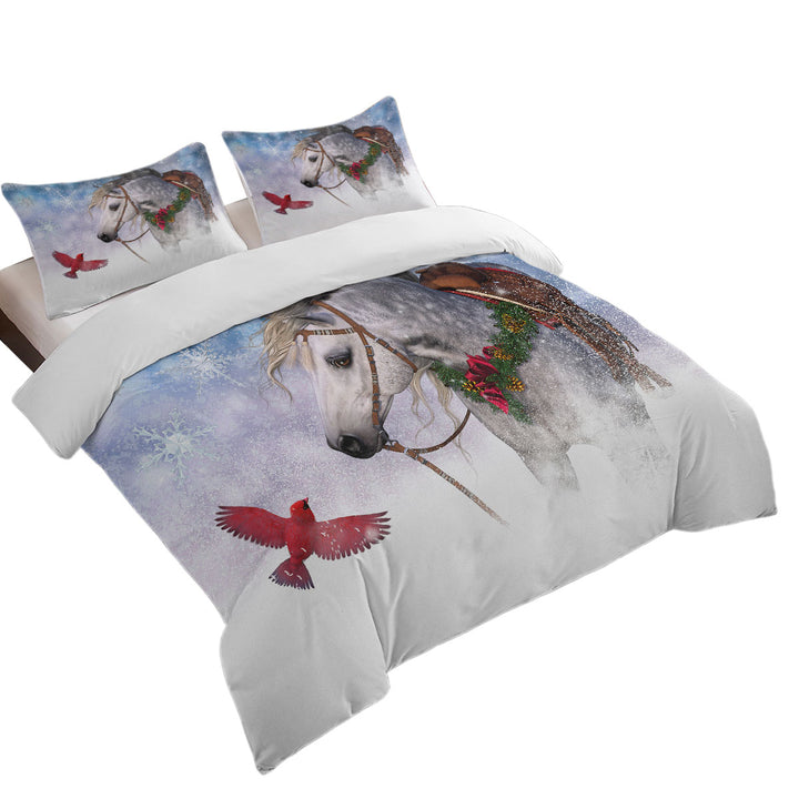 Twin xl Duvet Covers with Snowy Christmas with Red Bird and White Horse