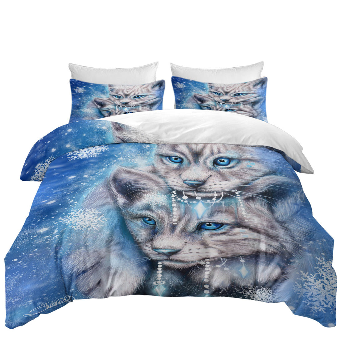 Twin xl Duvet Covers with Wildlife Art Blue Winter Lynx Wild Cat