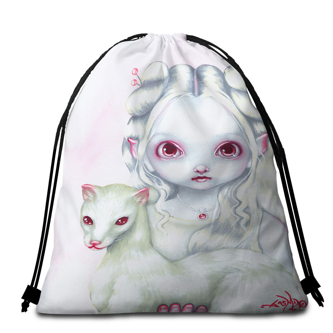 Two of a Kind Albino Elf Girl and Her Albino Ferret Beach Towel Bags