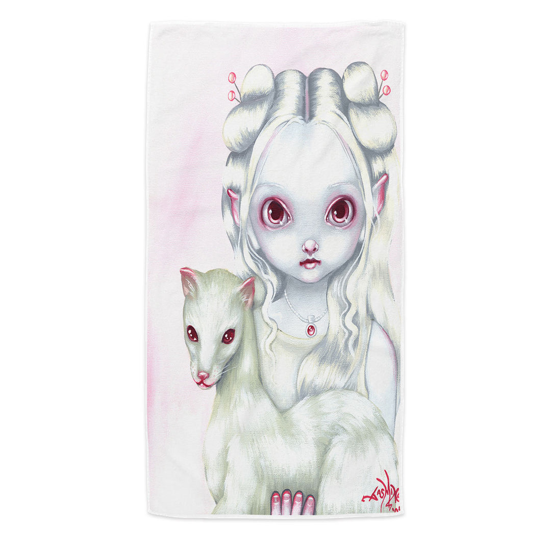 Two of a Kind Albino Elf Girl and Her Albino Ferret Beach Towels