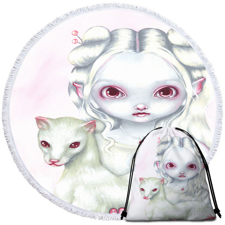 Two of a Kind Albino Elf Girl and Her Albino Ferret Circle Beach Towel