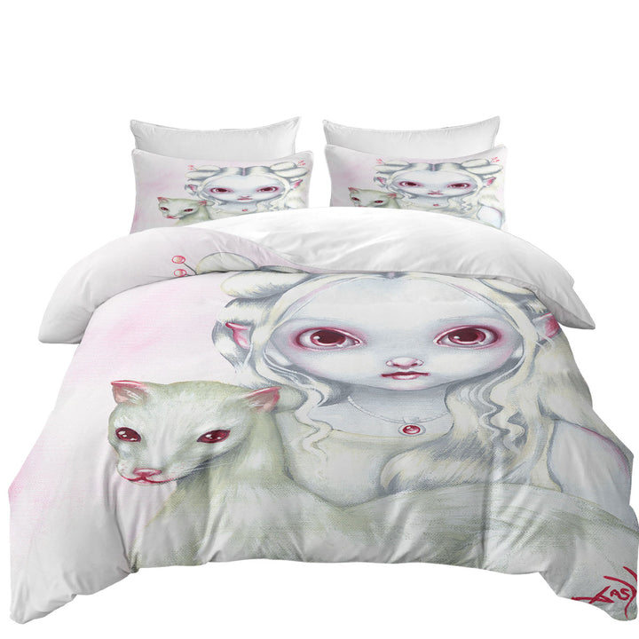 Two of a Kind Albino Elf Girl and Her Albino Ferret Duvet Cover