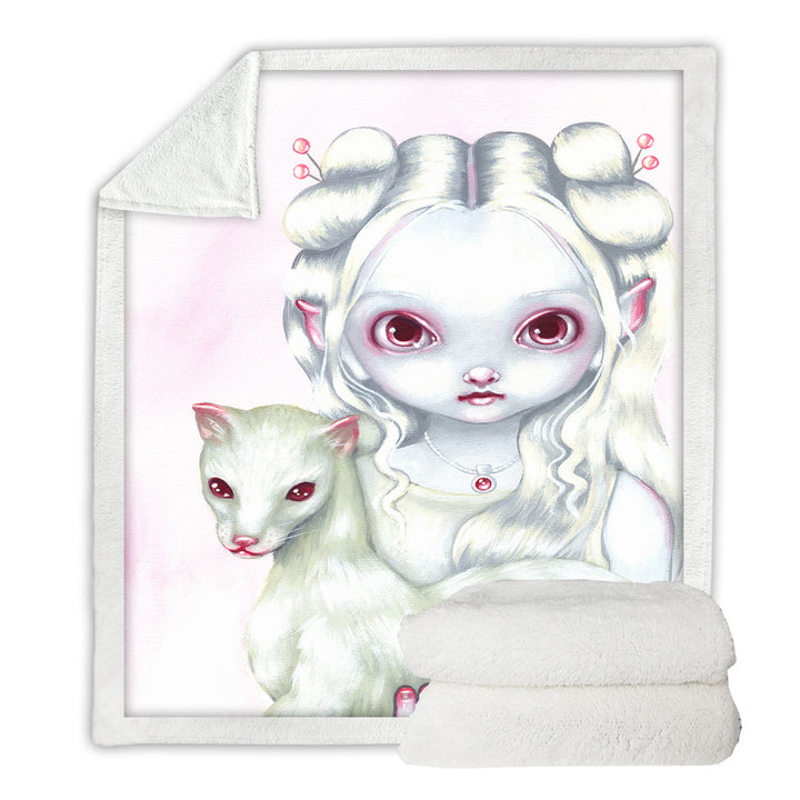 Two of a Kind Albino Elf Girl and Her Albino Ferret Fleece Blankets