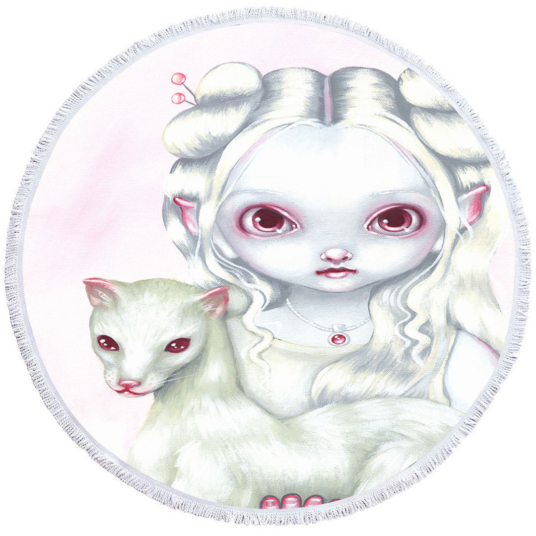 Two of a Kind Albino Elf Girl and Her Albino Ferret Round Beach Towel