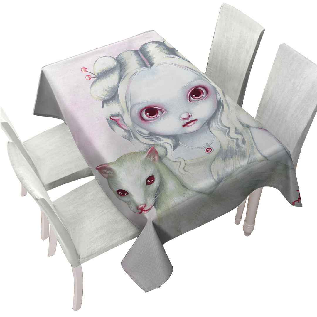 Two of a Kind Albino Elf Girl and Her Albino Ferret Table Cover