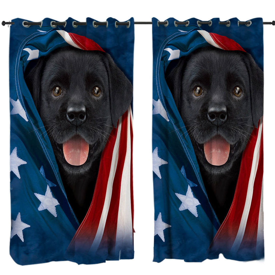 USA Flag Cute Black Labrador Puppy Drapes