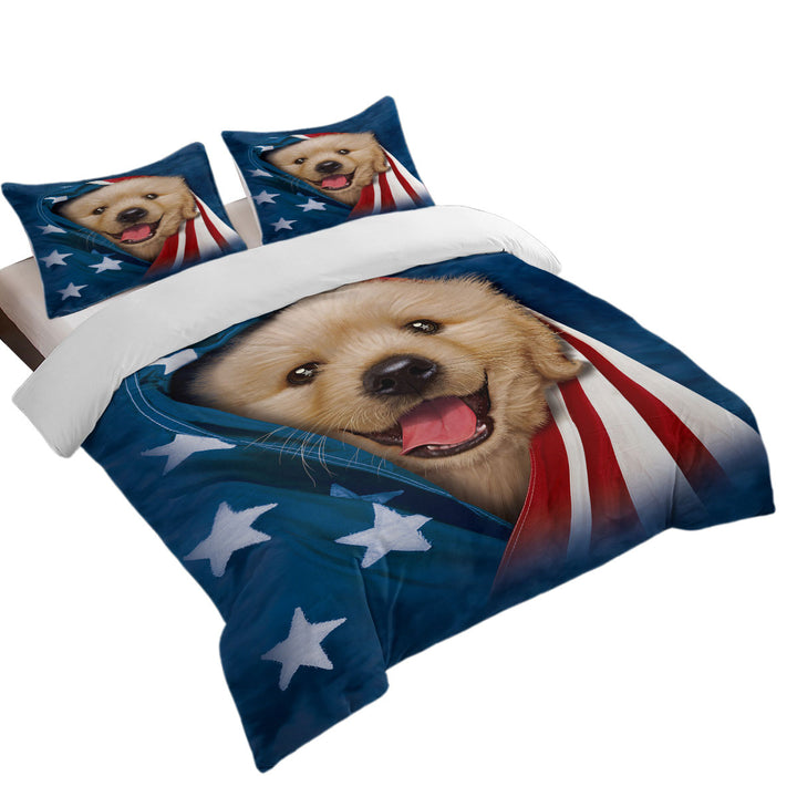 USA Flag Cute Golden Labrador Puppy Duvet Cover