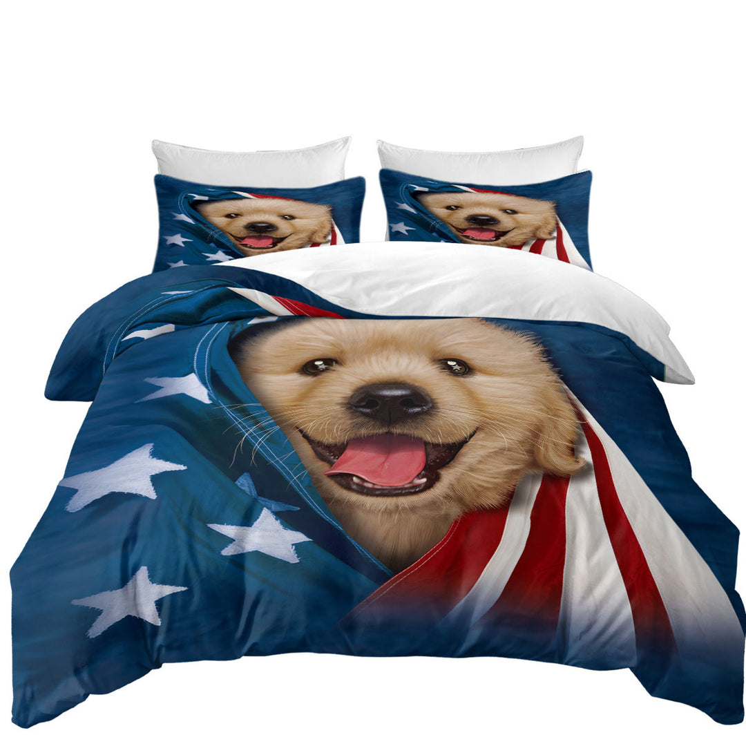 USA Flag Cute Golden Labrador Puppy Duvet Covers