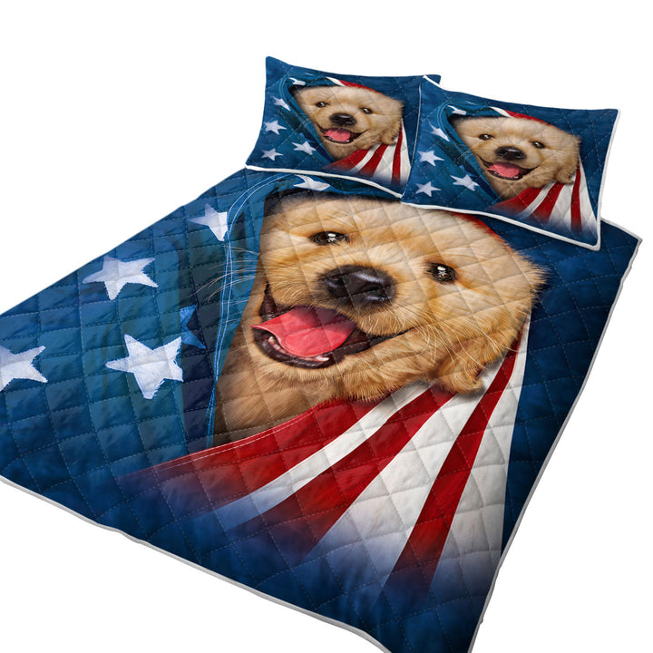 USA Flag Cute Golden Labrador Puppy Quilt