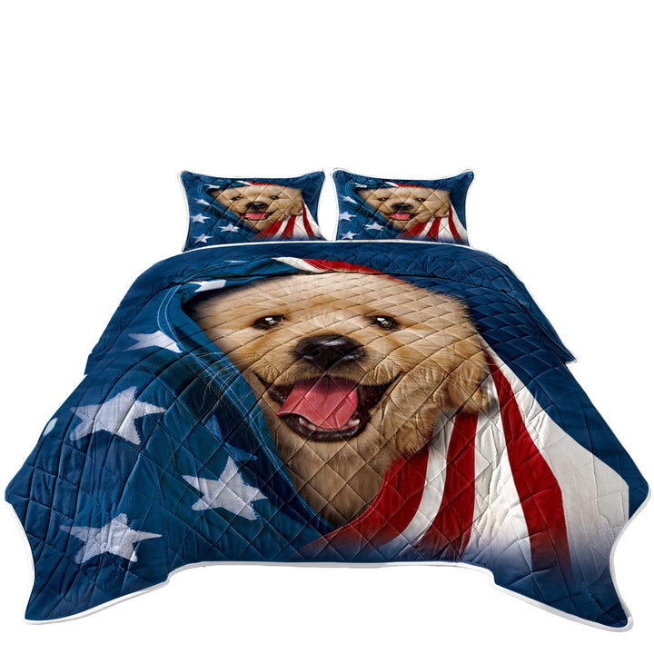 USA Flag Cute Golden Labrador Puppy Quilts