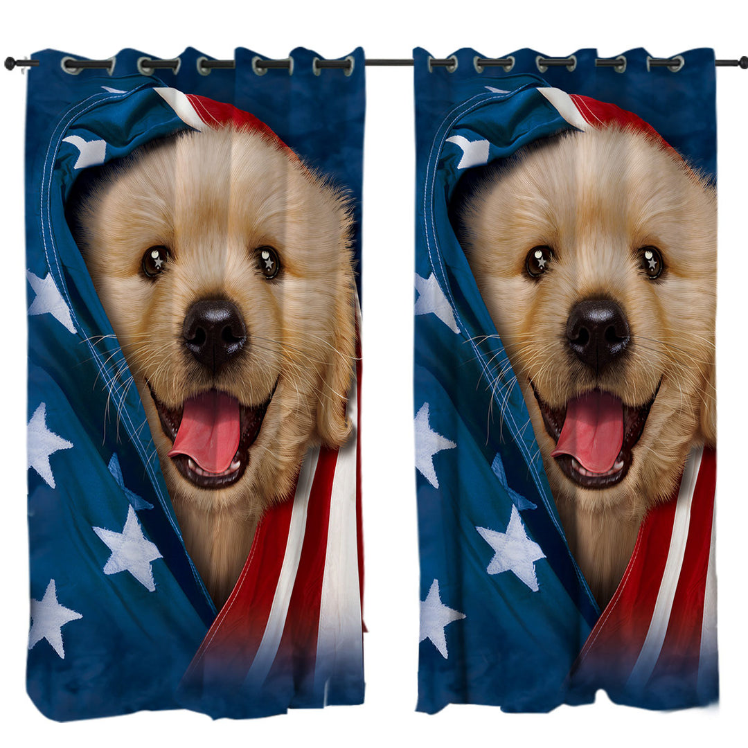 USA Flag Cute Golden Labrador Puppy Window Curtains