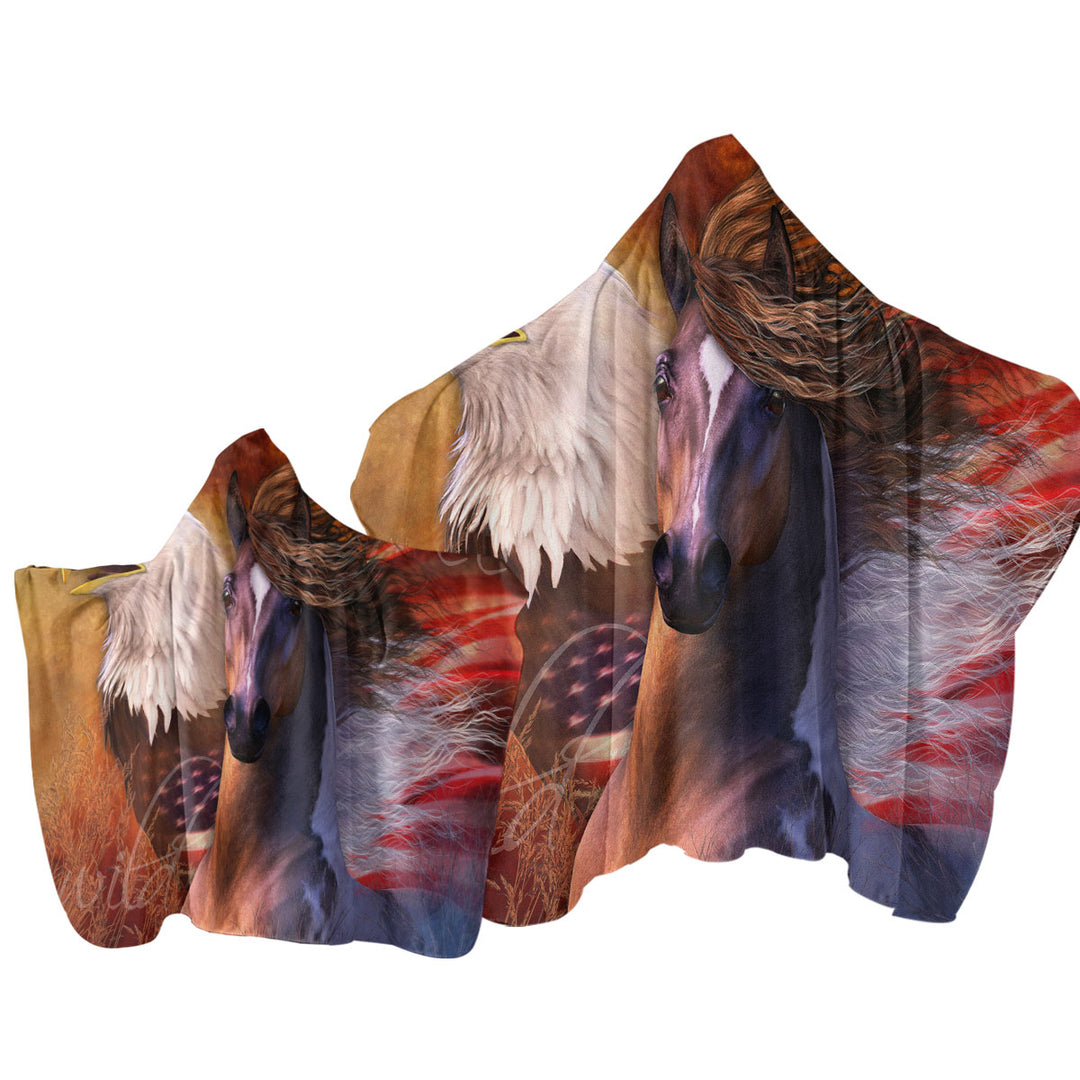 USA Wild and Free American Eagle and Horse Hooded Beach Towel