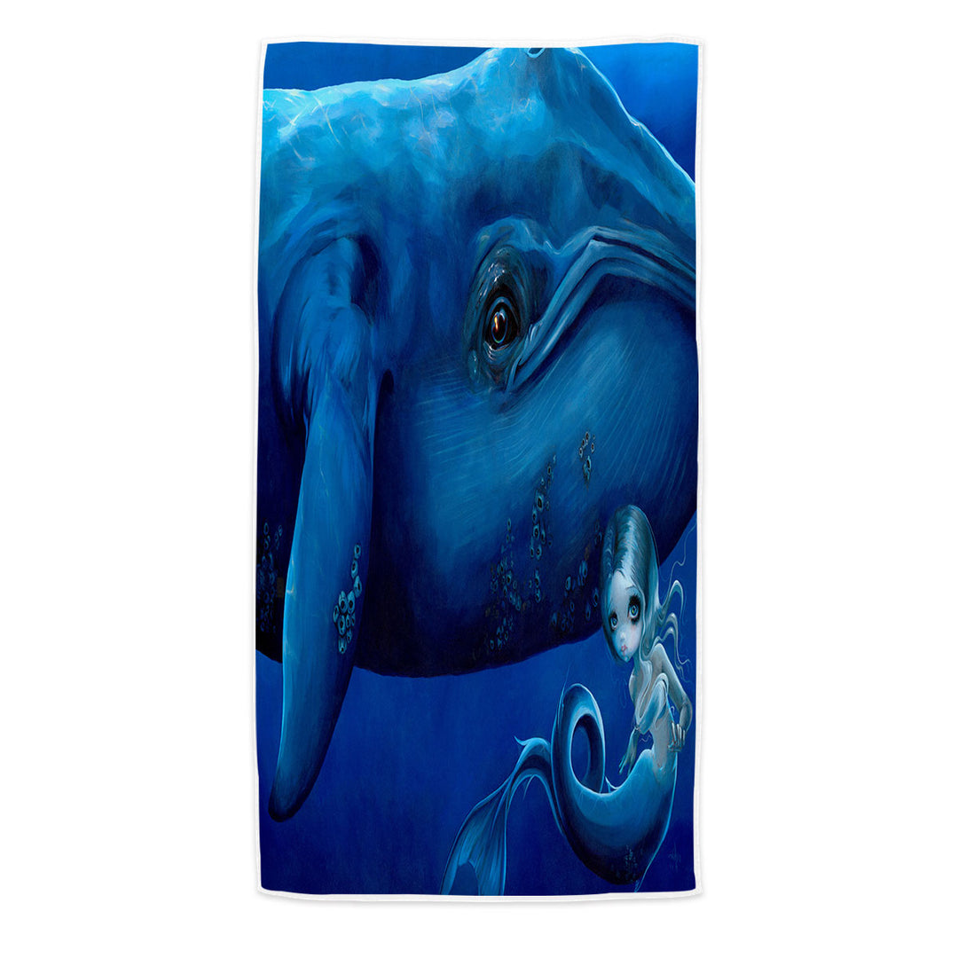 Underwater Art Big Blue Whale and Mermaid Beach Towel