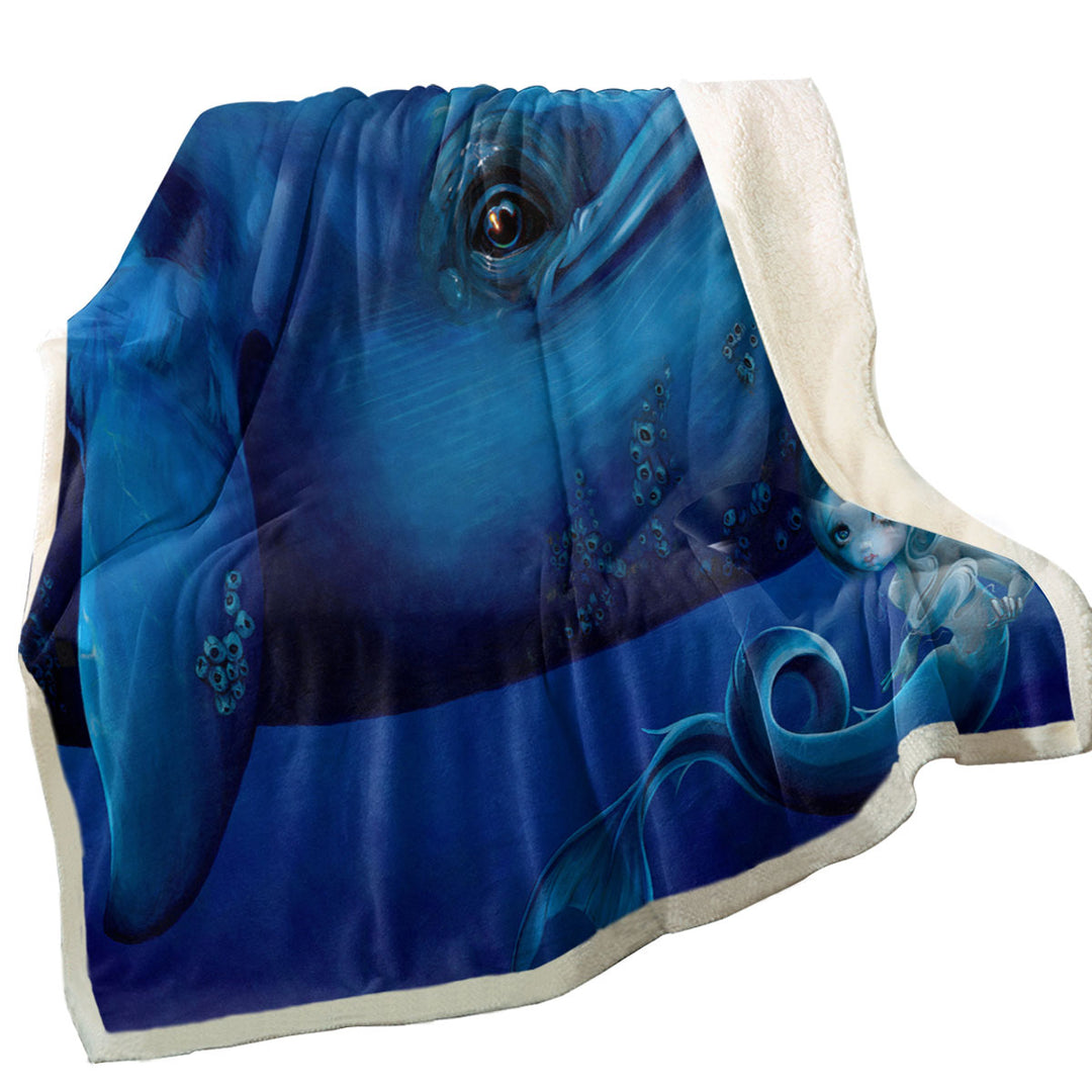 Underwater Art Big Blue Whale and Mermaid Fleece Blankets