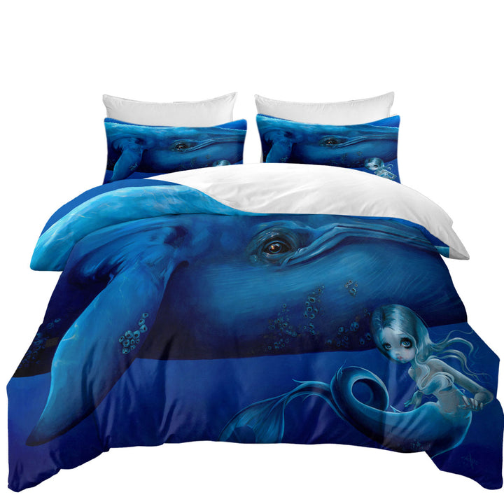 Underwater Art Big Blue Whale and Mermaid King Quilt Cover