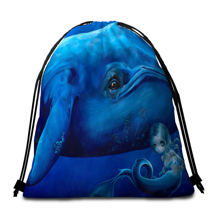 Underwater Art Big Blue Whale and Mermaid Lightweight Beach Towel