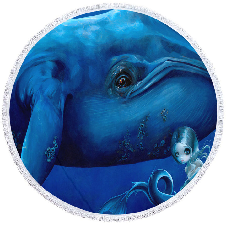 Underwater Art Big Blue Whale and Mermaid Round Beach Towel