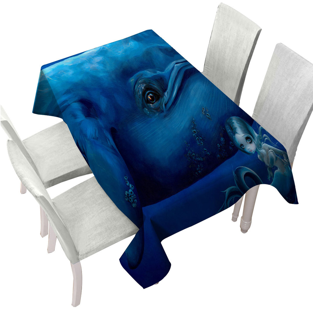 Underwater Art Big Blue Whale and Mermaid Tablecloths