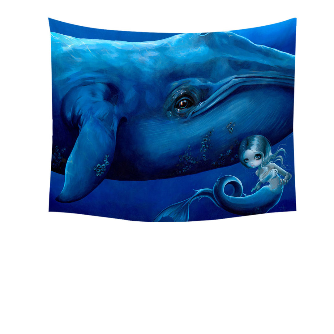 Underwater Art Big Blue Whale and Mermaid Tapestry Wall Decor