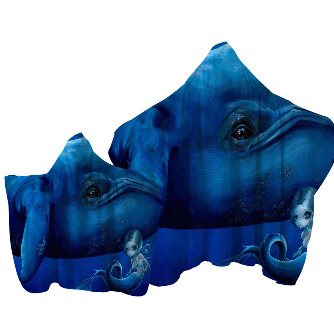 Underwater Art Big Blue Whale and Mermaid Towel Hoodie