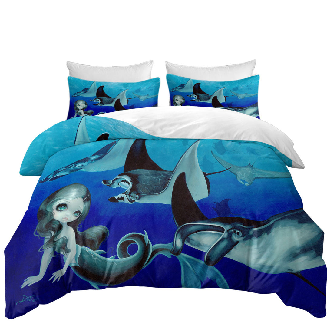 Underwater Art Blue Tones Manta Ray and Mermaid Coverlet