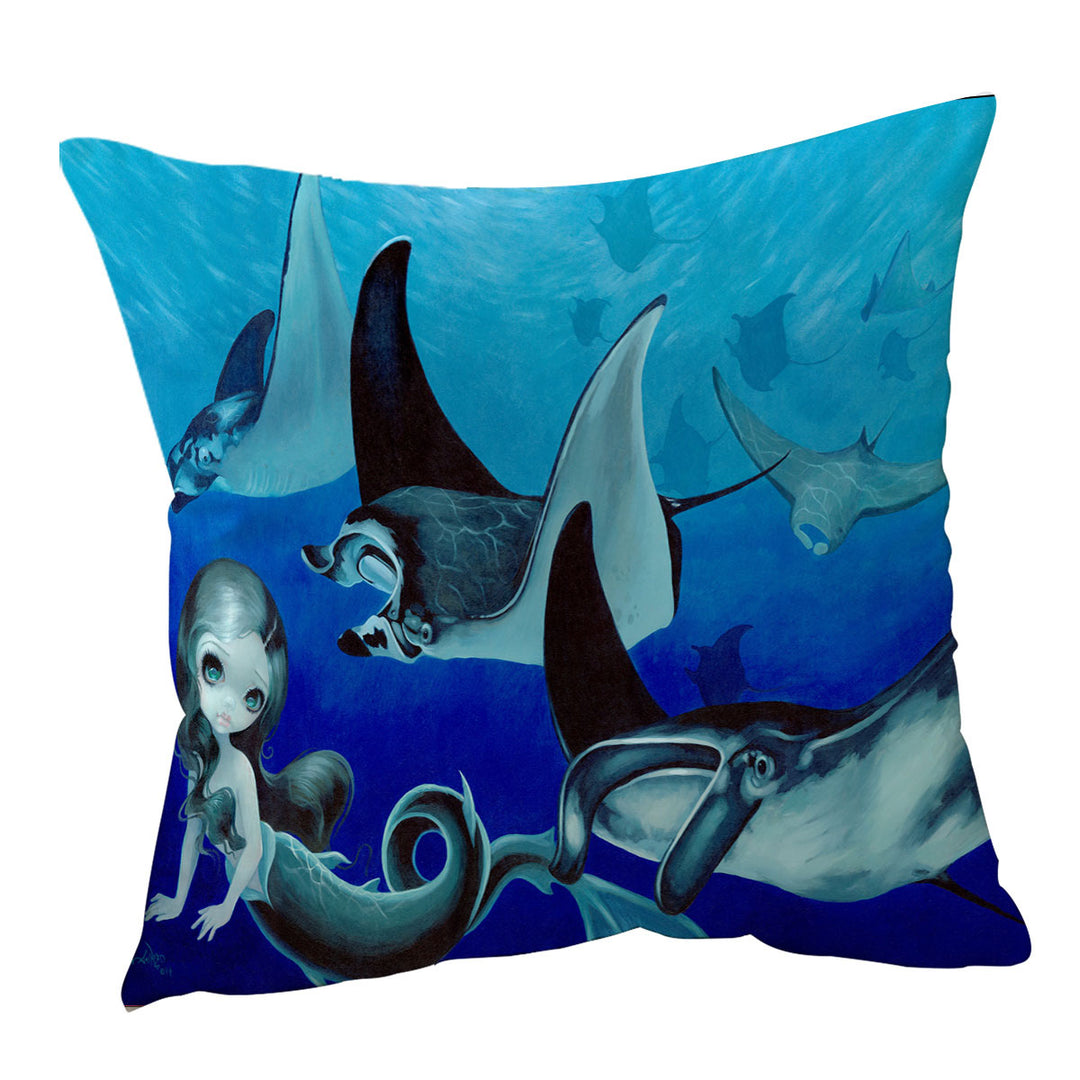 Underwater Art Blue Tones Manta Ray and Mermaid Cushion Covers