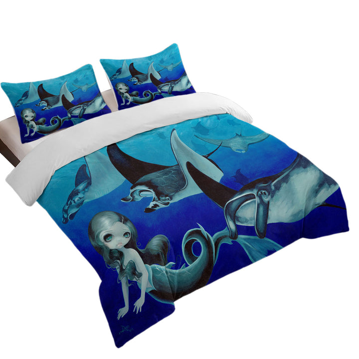 Underwater Art Blue Tones Manta Ray and Mermaid Duvet Covers