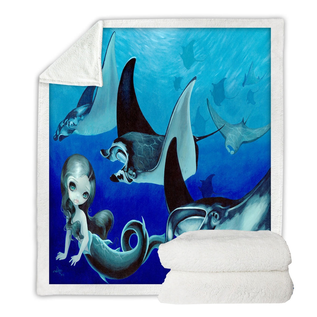 Underwater Art Blue Tones Manta Ray and Mermaid Fleece Blankets