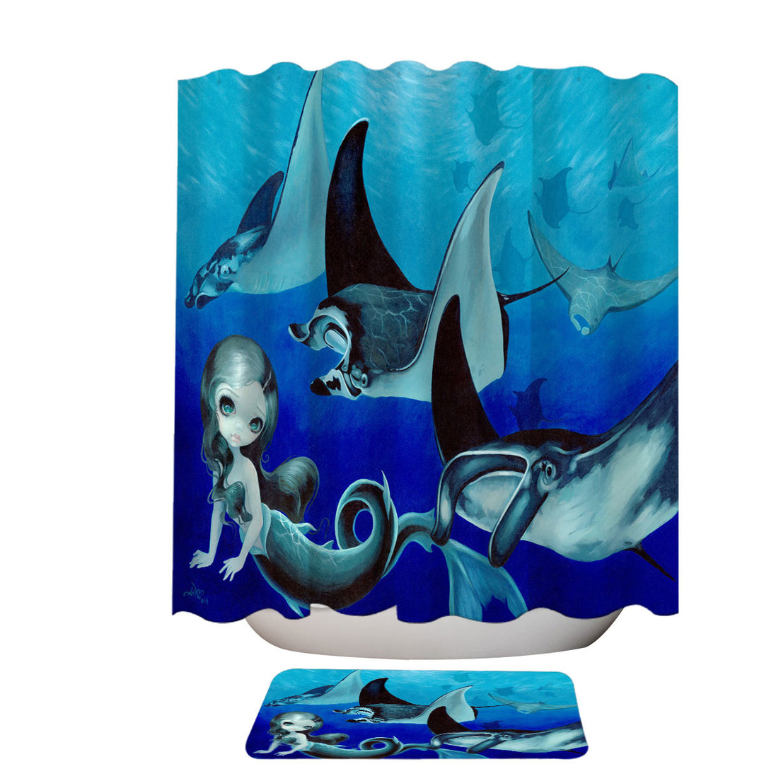 Underwater Art Blue Tones Manta Ray and Mermaid Shower Curtains