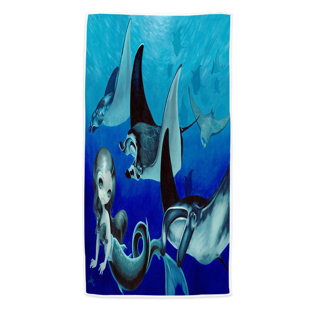 Underwater Art Blue Tones Manta Ray and Mermaid Swims Towel