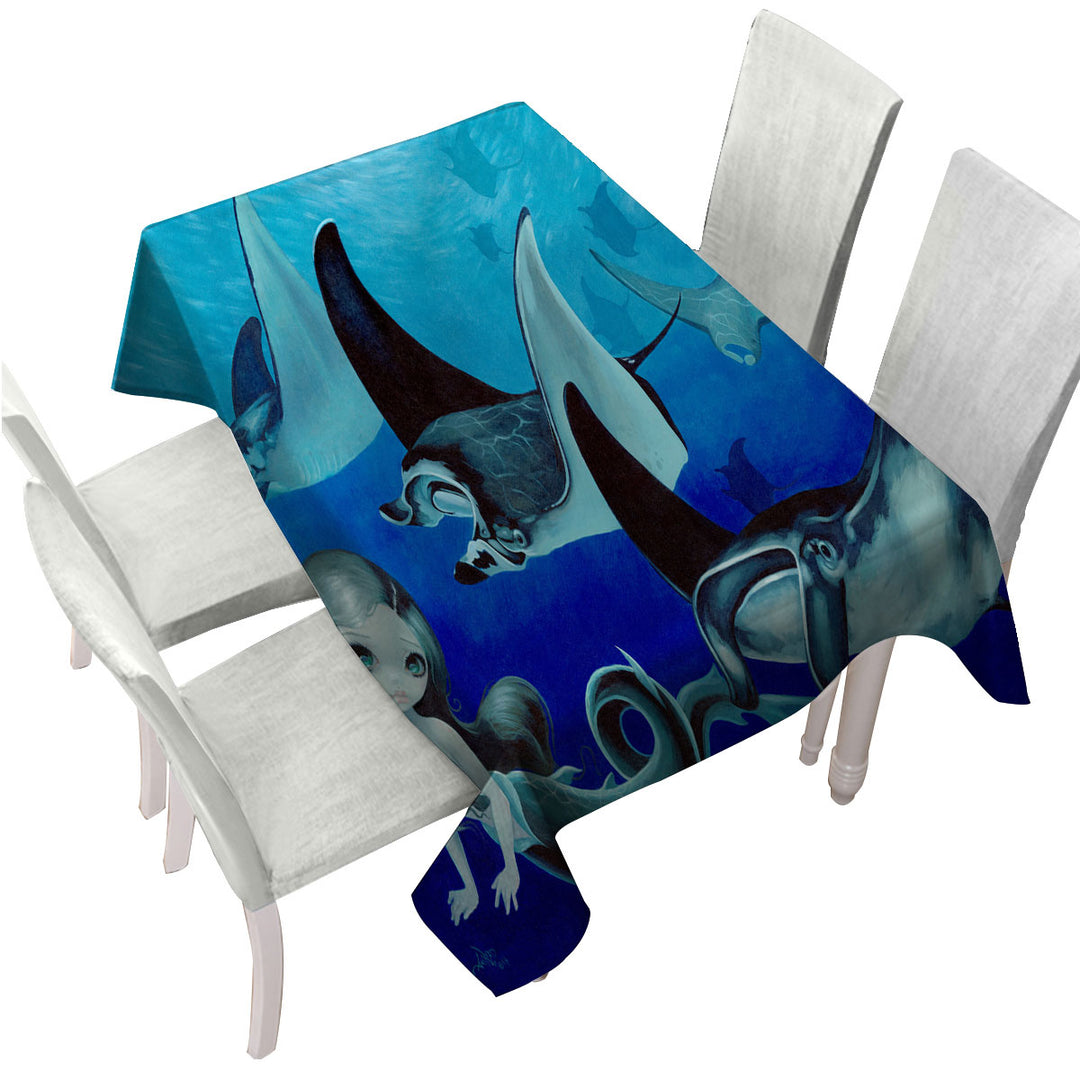 Underwater Art Blue Tones Manta Ray and Mermaid Table Cover