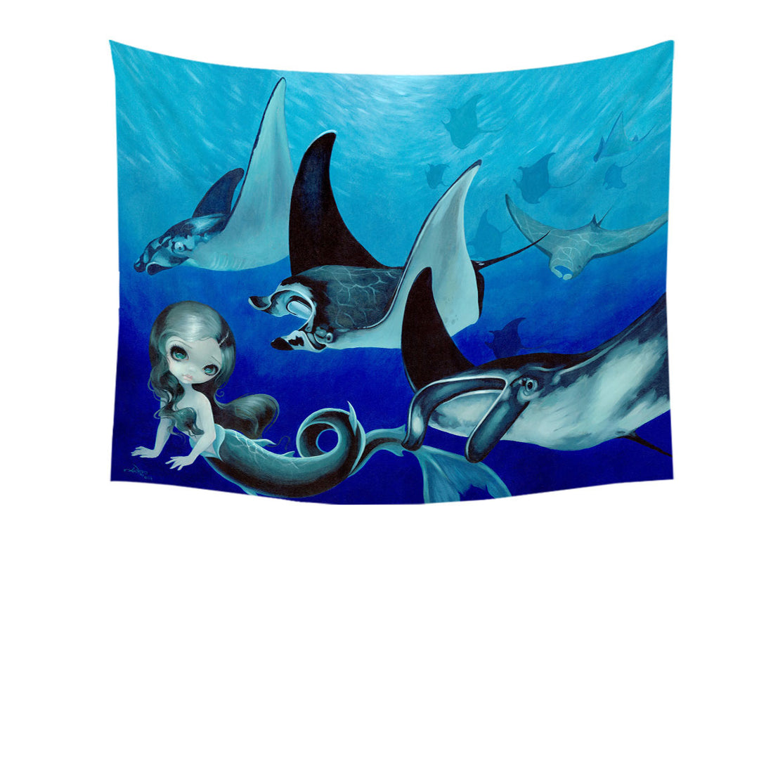 Underwater Art Blue Tones Manta Ray and Mermaid Tapestry Wall Decor Prints