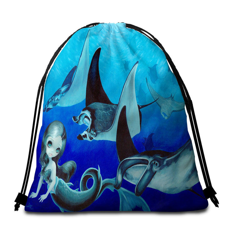 Underwater Art Blue Tones Manta Ray and Mermaid Travel Beach Towel