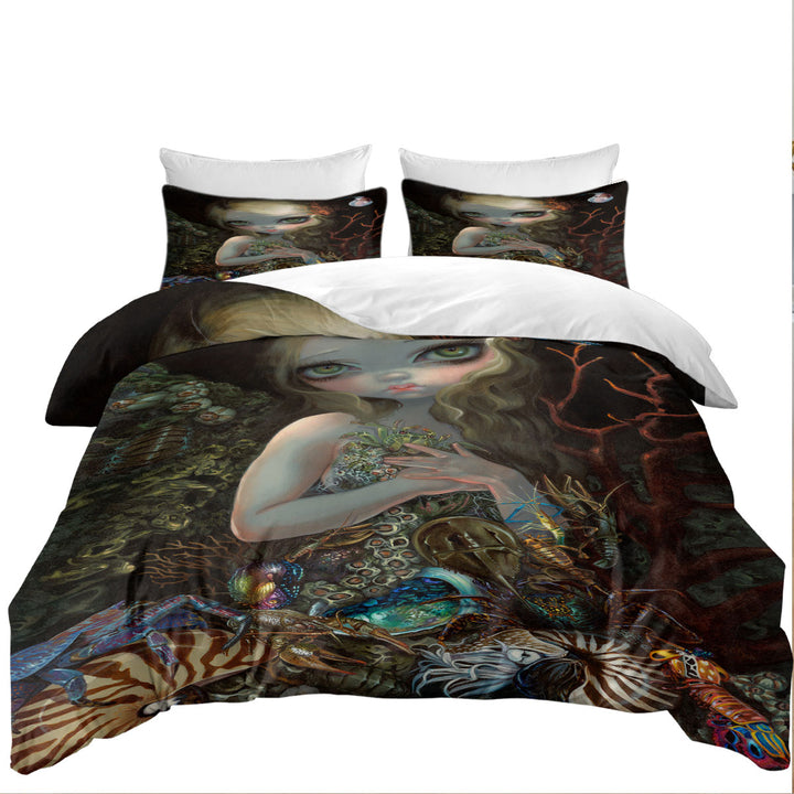 Underwater Art Girl and Her Soft Shell Creatures Oversized King Duvet Cover