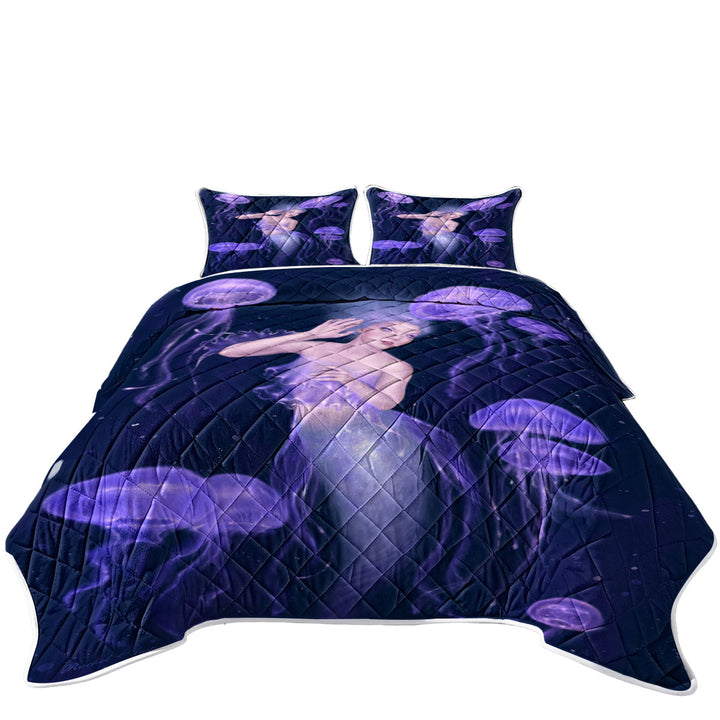 Underwater Art Purple Jellyfish and Mermaid Twin Quilt