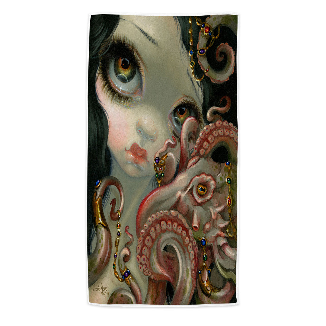 Underwater Beach Towel Fantasy Jeweled Octopus and Mermaid