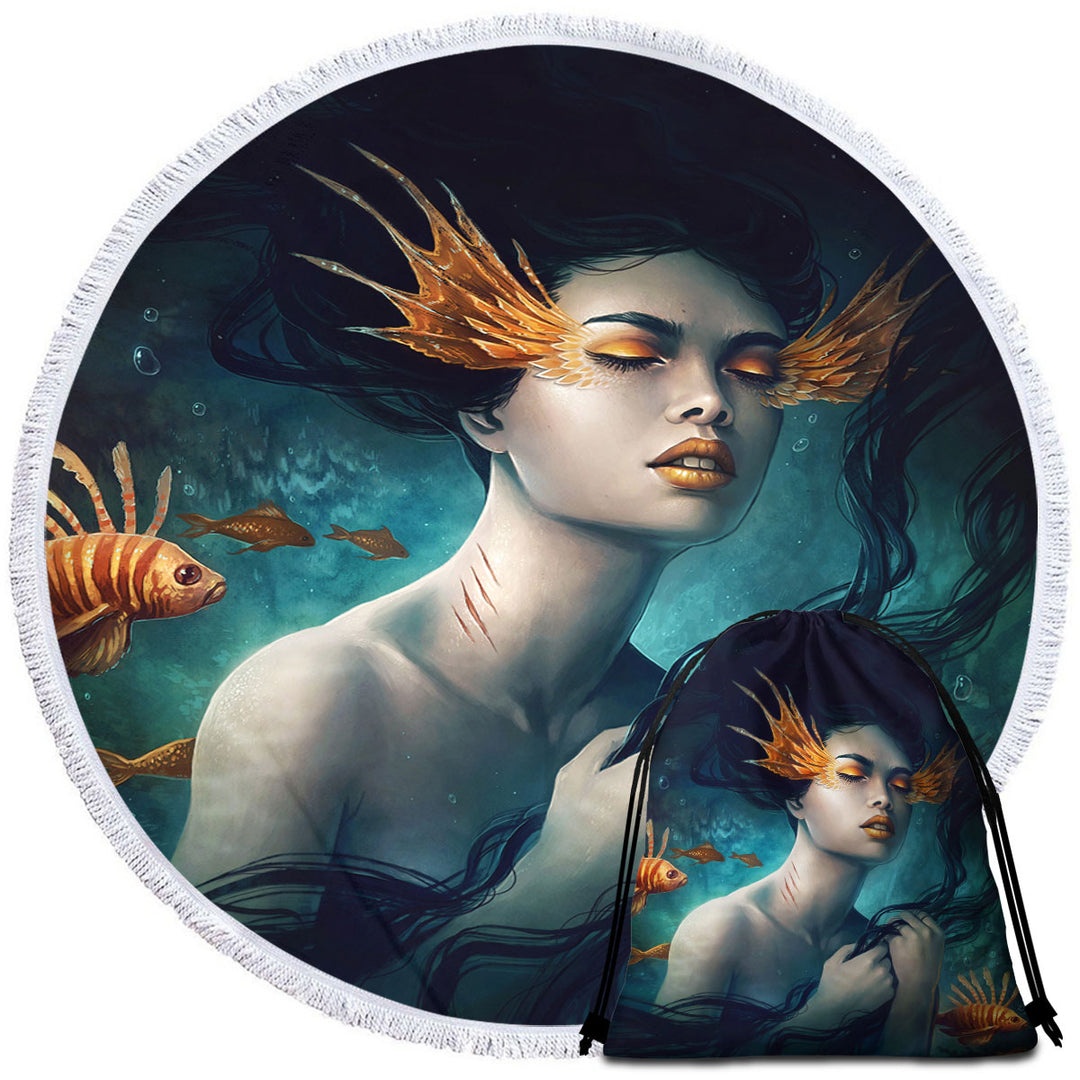 Underwater Fantasy Fish and Mermaid Round Beach Towel