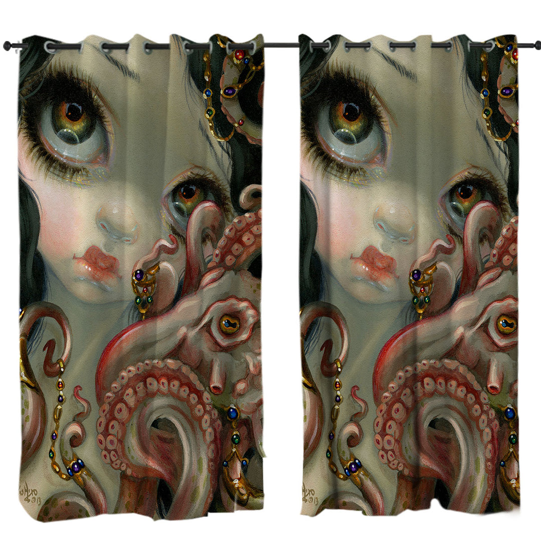 Underwater Fantasy Jeweled Octopus and Mermaid Curtain