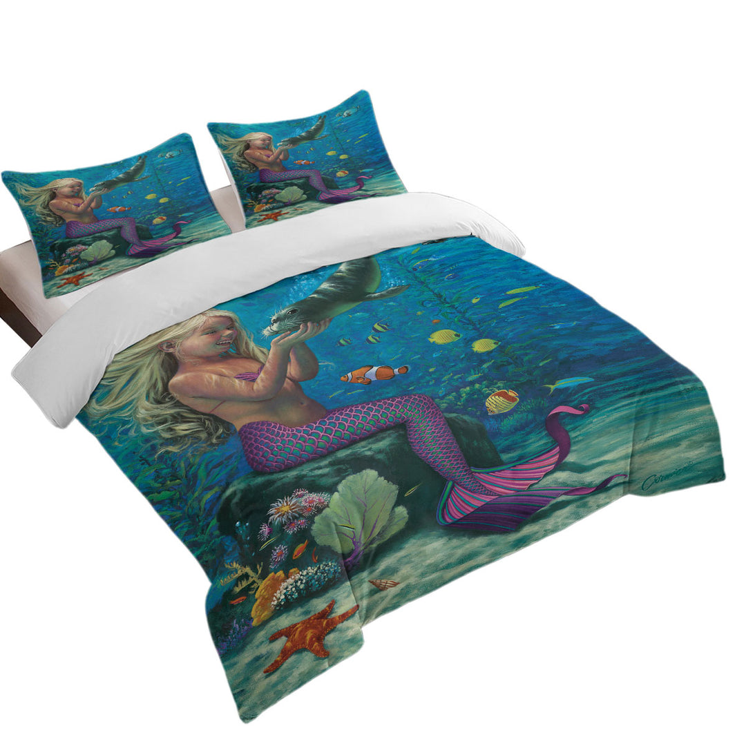 Underwater Friends Baby Seal and Girl Mermaid Comforter Cover