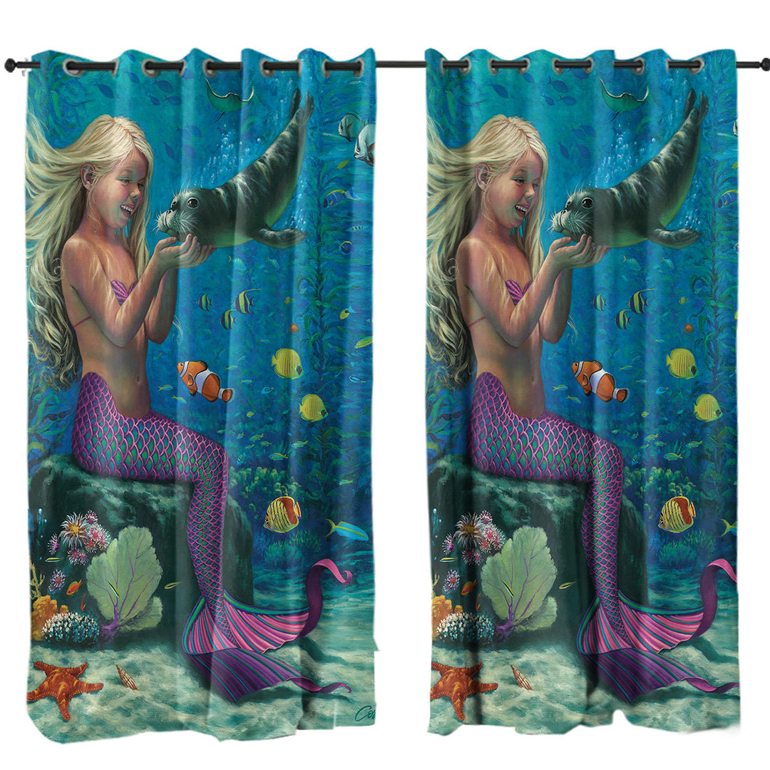 Underwater Friends Baby Seal and Girl Mermaid Curtain