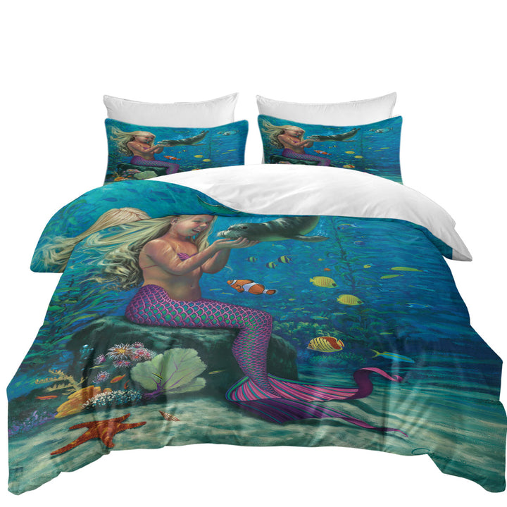 Underwater Friends Baby Seal and Girl Mermaid Duvet Cover