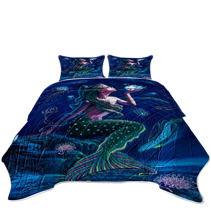 Underwater Mermaid with Fish and Jellyfish King Size Bedspreads