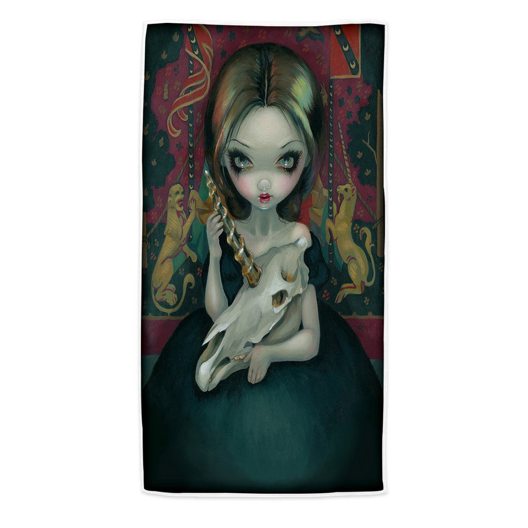 Unicorn_s Ghost Melancholy Goth Girl Holds a Skull Beach Towel