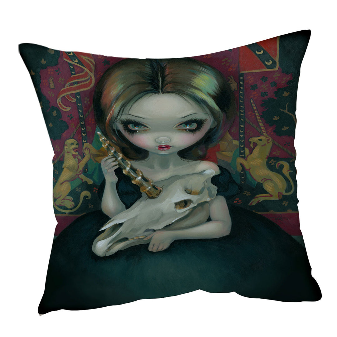 Unicorn_s Ghost Melancholy Goth Girl Holds a Skull Cushion Cover