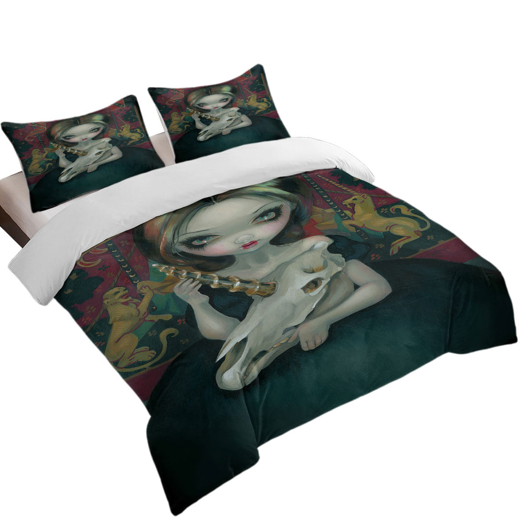 Unicorn_s Ghost Melancholy Goth Girl Holds a Skull Duvet Cover