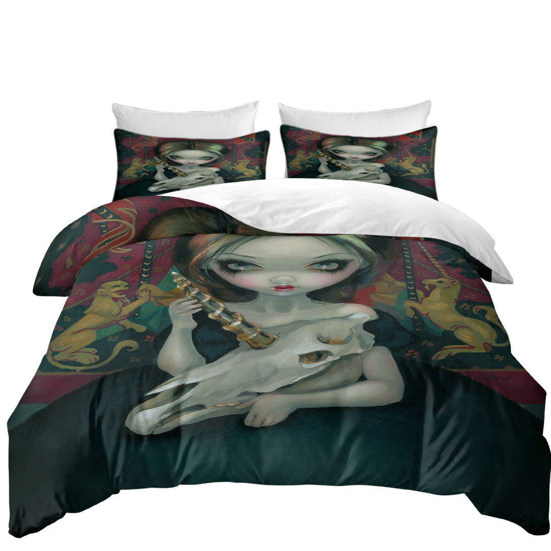 Unicorn_s Ghost Melancholy Goth Girl Holds a Skull Duvet Covers