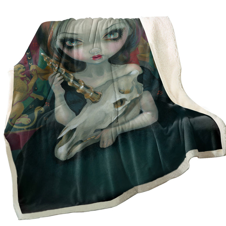 Unicorn_s Ghost Melancholy Goth Girl Holds a Skull Throw Blanket
