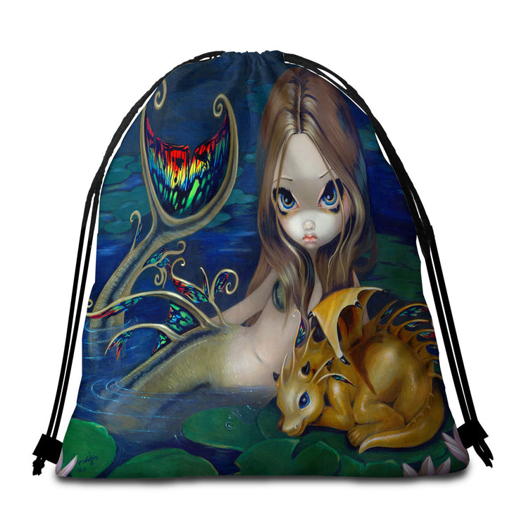 Unique Beach Towel Bags Fantasy Art Beautiful Mermaid with a Golden Dragon