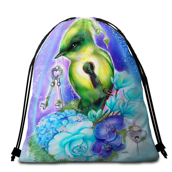 Unique Beach Towel Bags Magical Fantasy Art Key Bird with Flowers