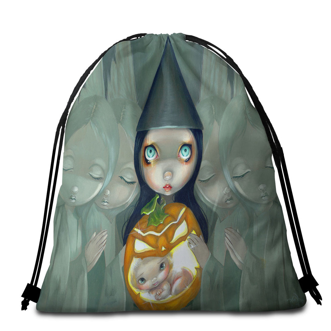 Unique Beach Towel Bags with Big Eyed Witch Born Of a Pumpkin Baby